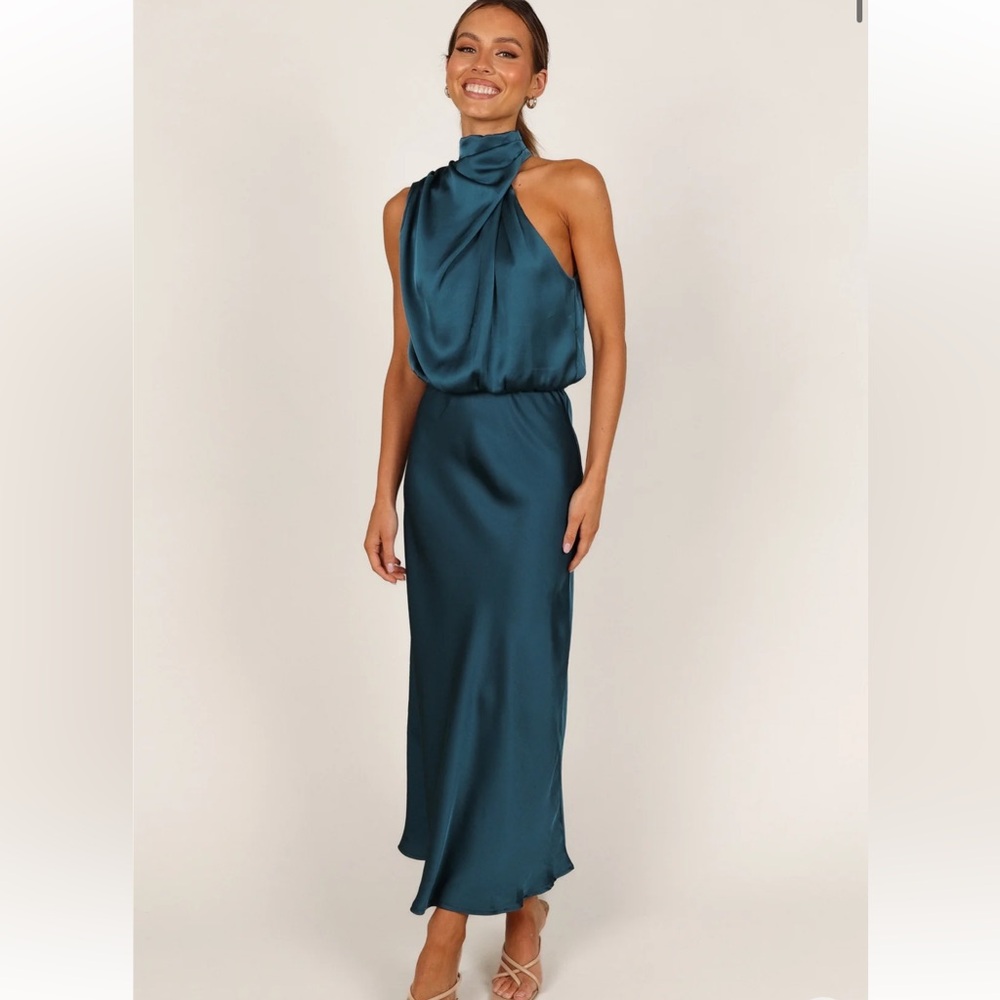 NWT Petal & Pup Asymmetrical High Neck Satin Teal Midi Dress Medium